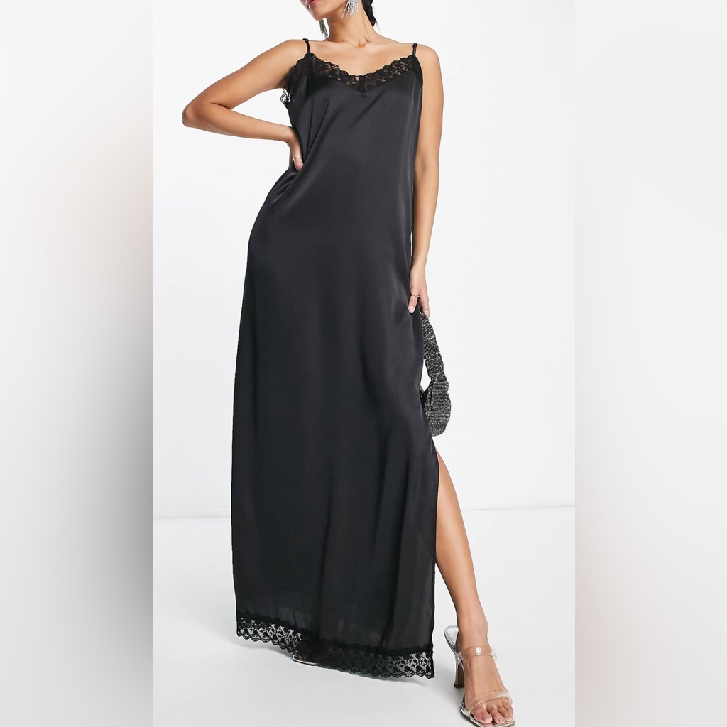 Nwt Jdy Lace Detail Satin Maxi Dress With Side Slit In Black S Us 6